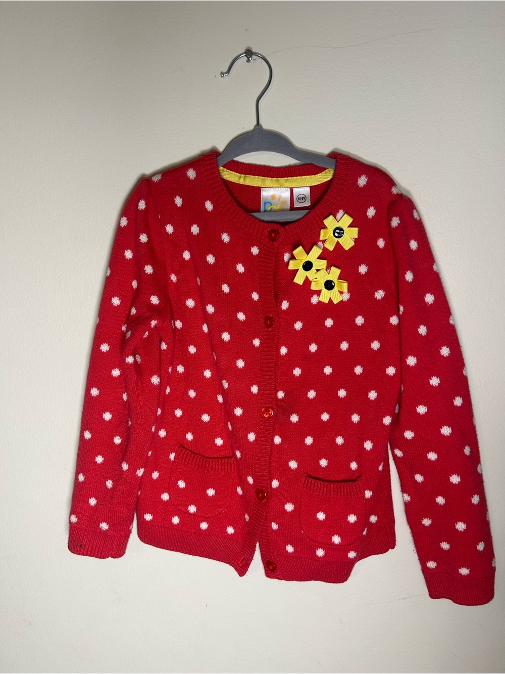 100% Cotton Red Polka Dot Girls' Cardigan Jacket with Yellow Flower Detail 6t